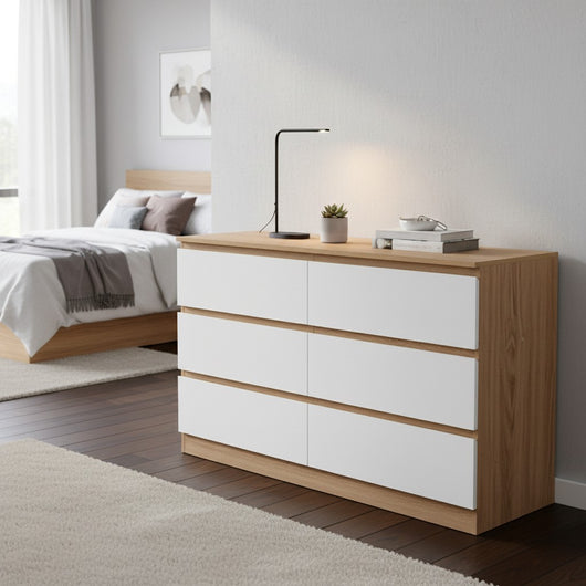 Liana Lowboy Chest 6 Drawer Dresser Oak-white