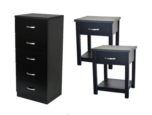 Bedroom set - classic black tall boy and 2 * bedside tables