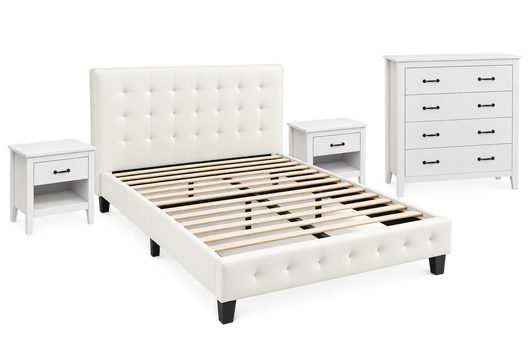 Isabella Bedroom Suite Queen size - white bed, chest drawer and 2 * bedside tables
