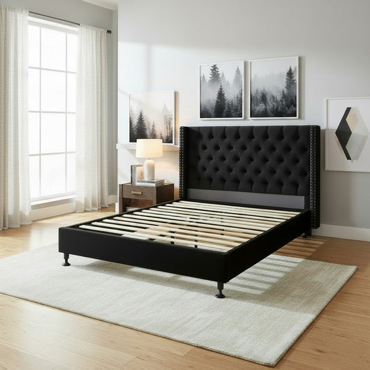 OXFORD BED FRAME QUEEN SIZE BLACK VELVET