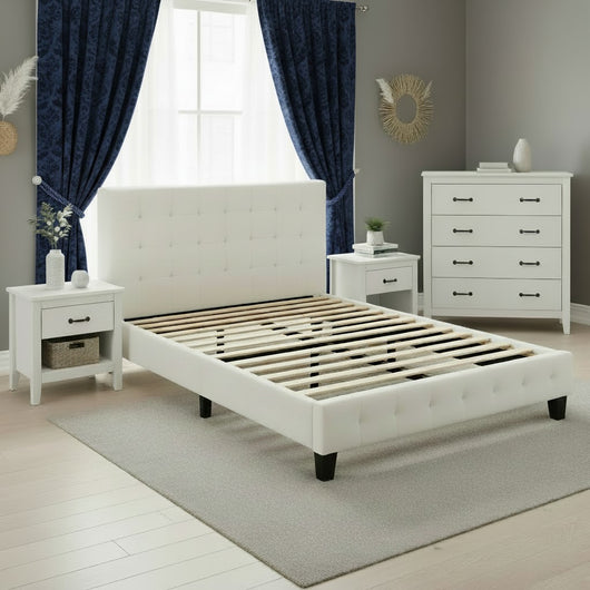 Isabella Bedroom Suite Queen size - white bed, chest drawer and 2 * bedside tables