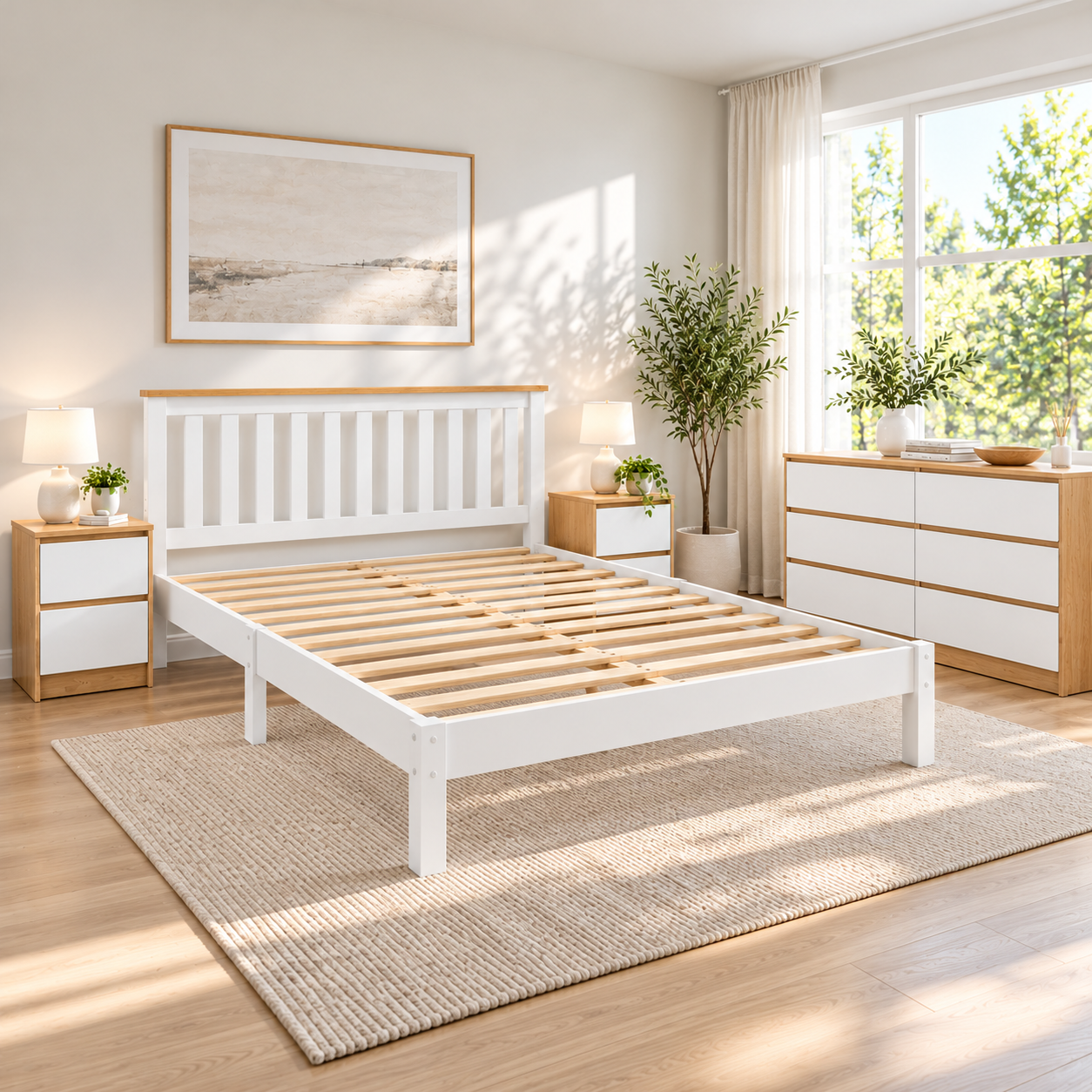 Nordic Oak Bedroom Suite – Queen Bed, Dresser & 2 Bedside Tables