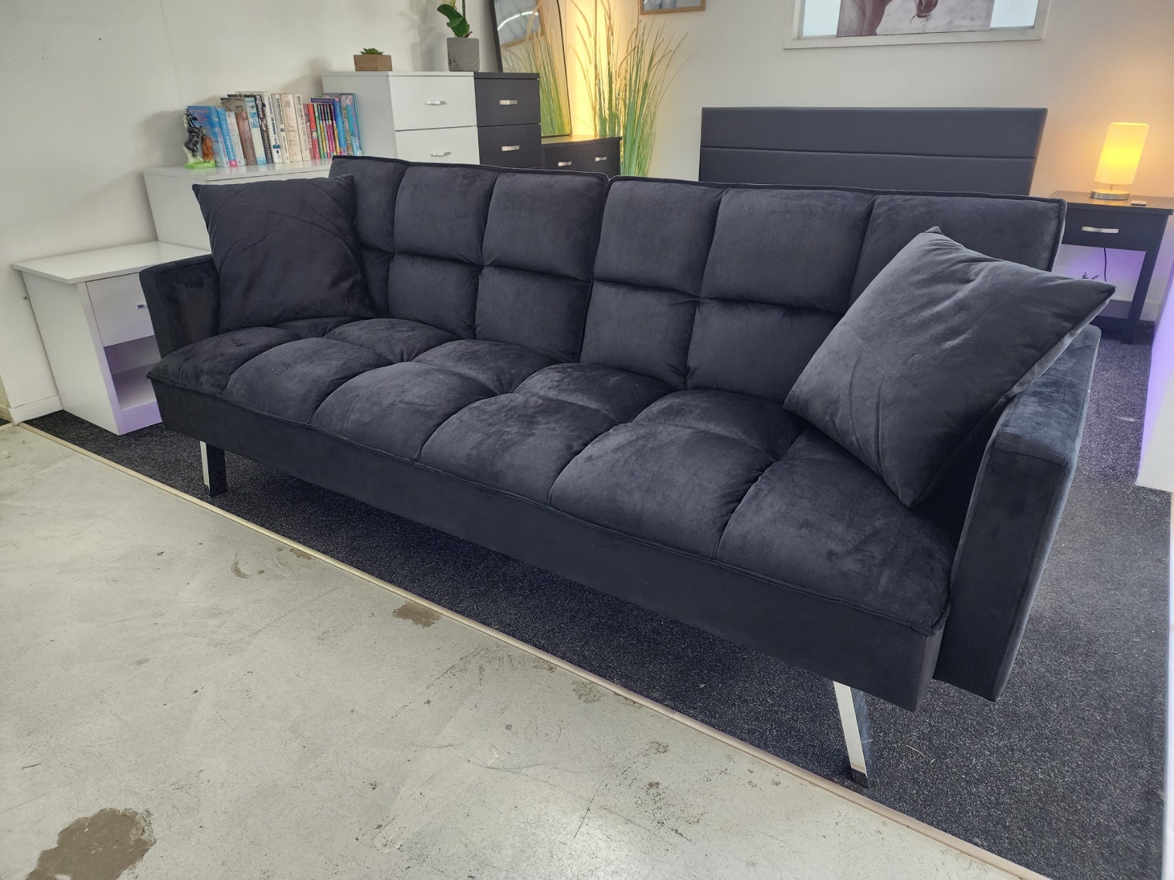 Black Velvet Corner Sofa Bed, 3 seater sofa bed Click-clack corner