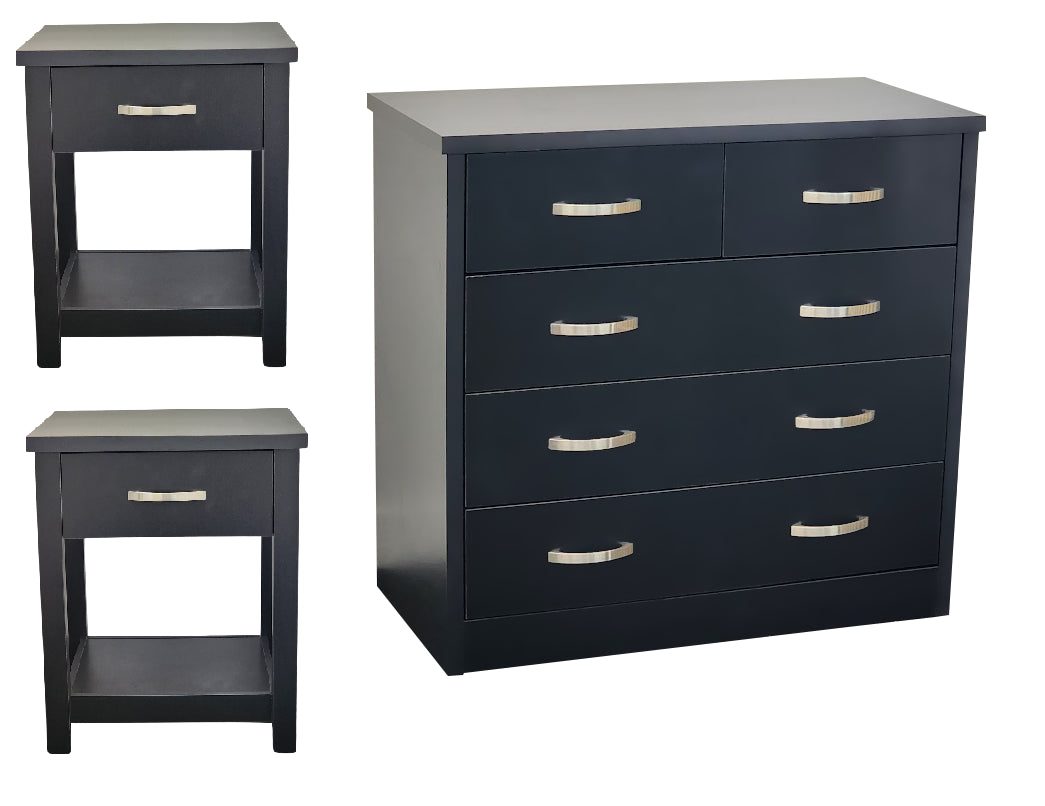 Gary Low Boy 4 Drawer & (2x) Gary Bedside Table Combo Black | InStock Furniture & Living Gary Low Boy 4 Drawer & (2x) Gary Bedside Table Combo Black | InStock Furniture & Living