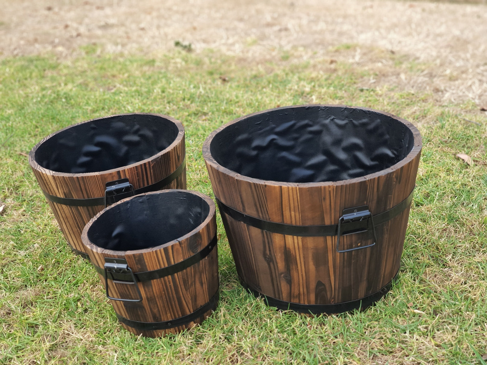3-Piece Fir Barrel Planter Set - Burnt colour