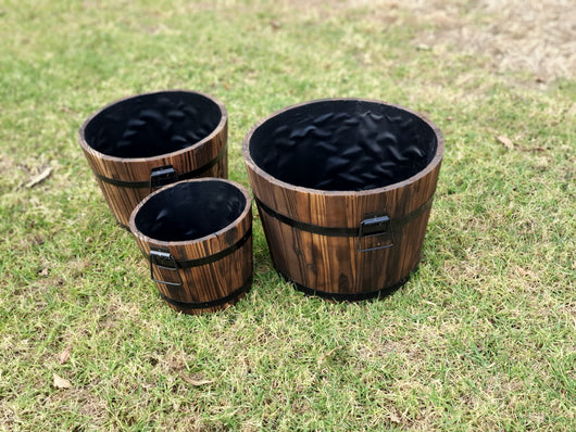 3-Piece Fir Barrel Planter Set - Burnt colour